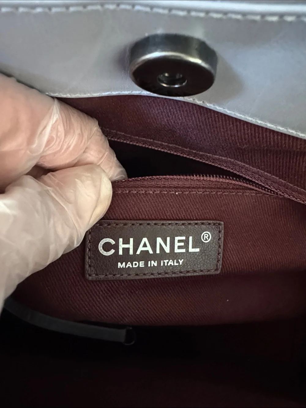 CHANEL Quilted Small Shopper in Light Blue/Grey with Gunmetal Hardware